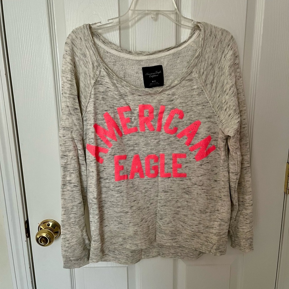 EUC Women’s American Eagle Outfitters Off-White/Pink Scoop Neck Top Size M